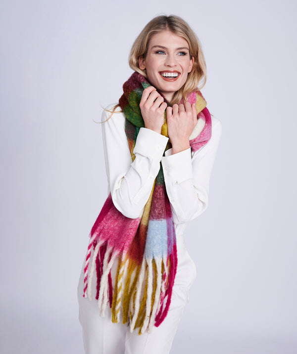 Multicoloured Colour Block Fringed Blanket Scarf