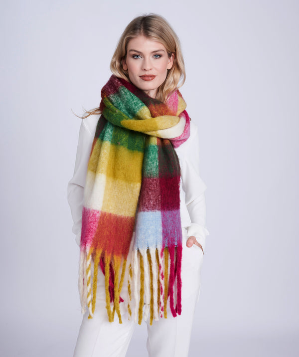 Multicoloured Colour Block Fringed Blanket Scarf