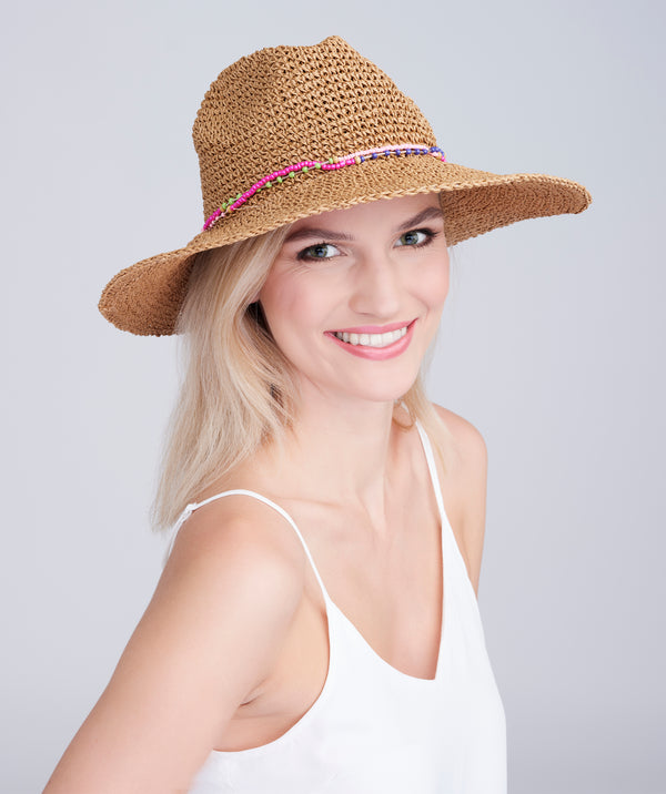 Natural Paper Straw Fedora Hat with Bead Embellishment