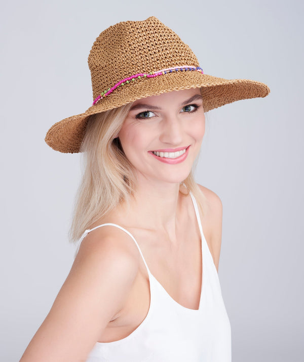 Majorelle - Natural Paper Straw Fedora Hat with Bead Embellishment