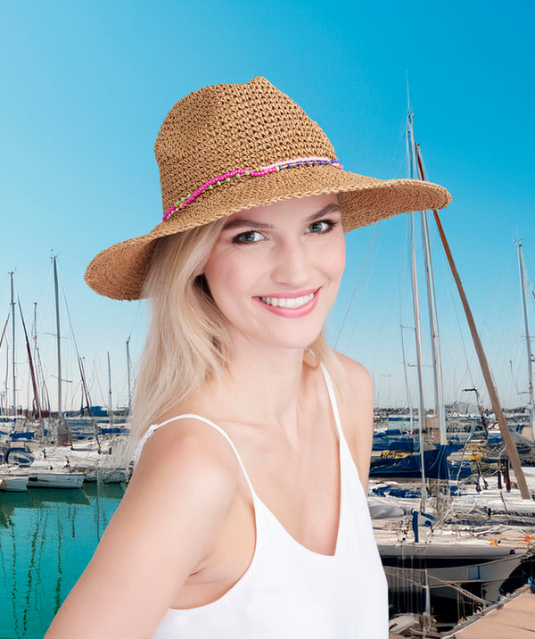 Majorelle - Natural Paper Straw Fedora Hat with Bead Embellishment