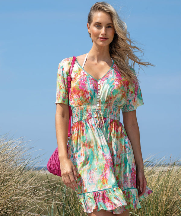 Maldives - Turquoise Pink Abstract Print Beach Dress