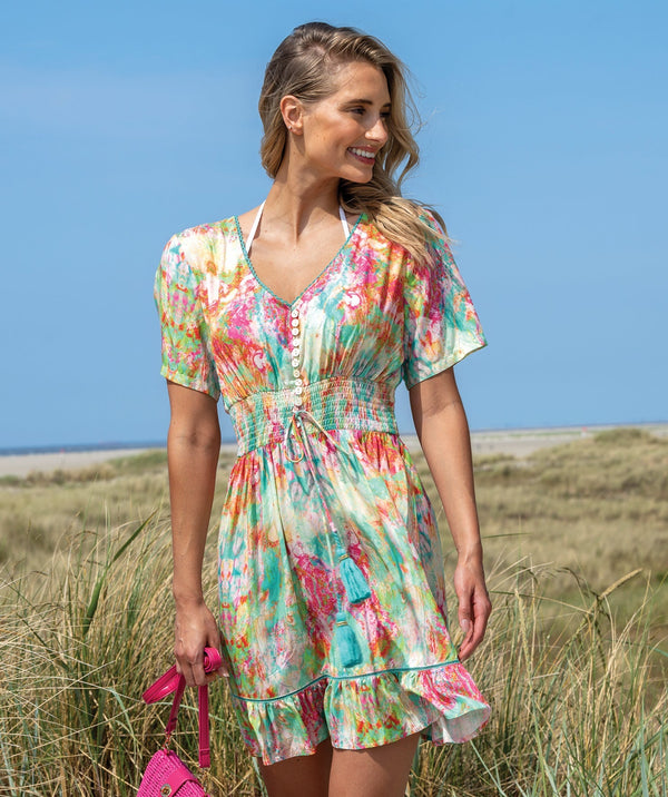 Maldives - Turquoise Pink Abstract Print Beach Dress