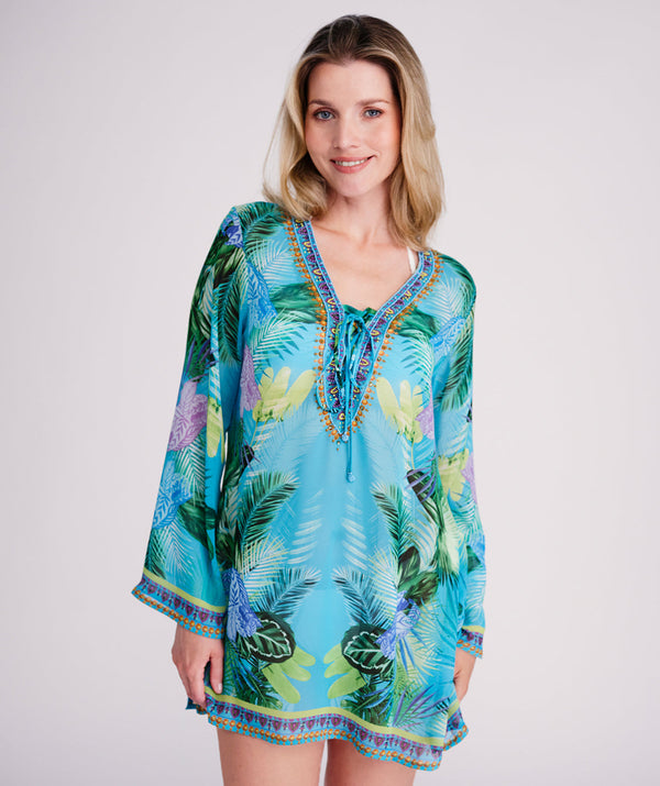 Marbella - Turkoois strandkleed met tropische print