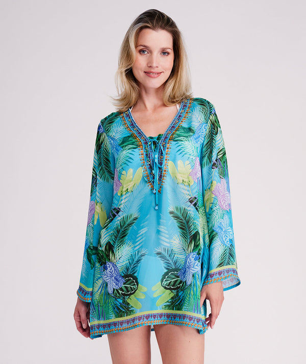 Marbella - Turkoois strandkleed met tropische print