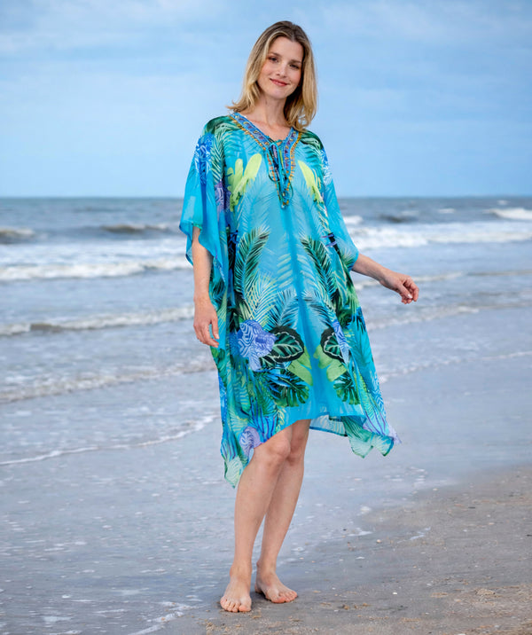 Marbella - Turquoise Tropical Print Summer Kaftan