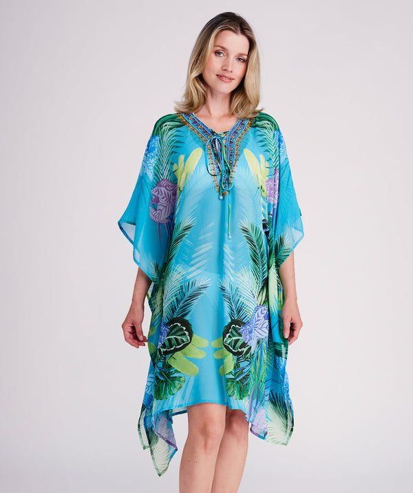 Marbella - Turquoise Tropical Print Summer Kaftan