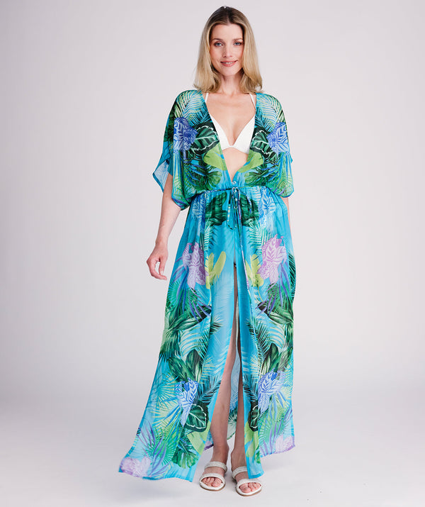 Marbella - Turquoise Tropical Print Maxi Kimono