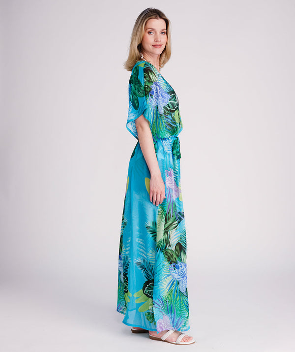 Marbella - Turquoise Tropical Print Maxi Kimono
