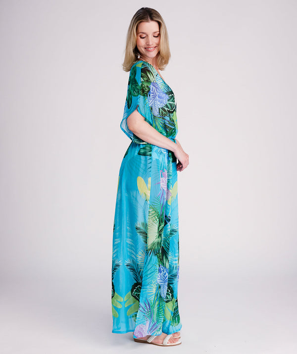 Marbella - Turquoise Tropical Print Maxi Kimono