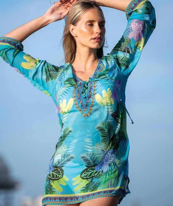 Marbella - Turkoois strandkleed met tropische print