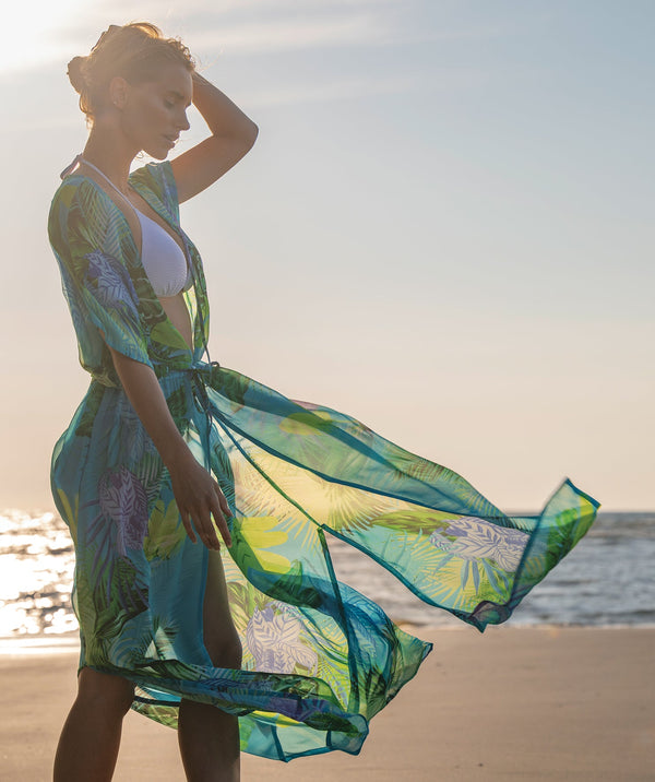 Marbella - Turquoise Tropical Print Maxi Kimono