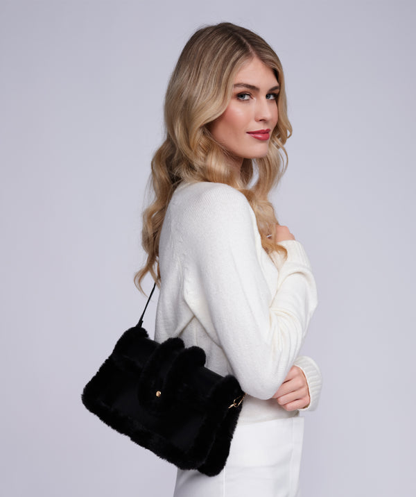 Black Faux Fur and PU Crossbody Bag with Button Closure