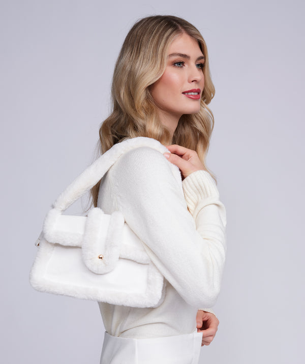 Winter White Faux Fur Crossbody Bag with Button Closure