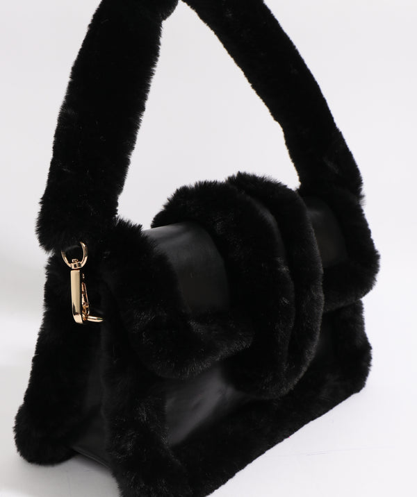 Black Faux Fur and PU Crossbody Bag with Button Closure