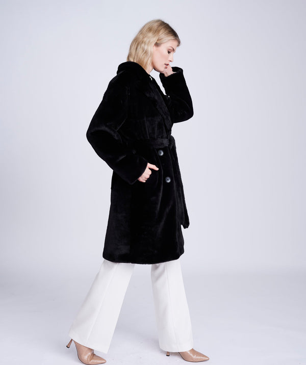 Black Faux Fur Coat with Button Closure and Waist Belt