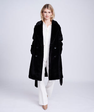 Black Plush Faux Fur Longline Coat