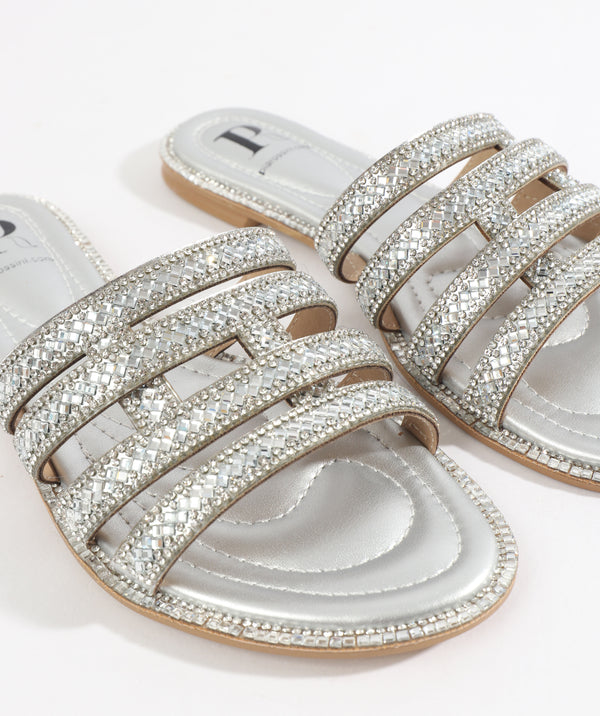 Silver Embellished Slip-On Sandals with Open Toe