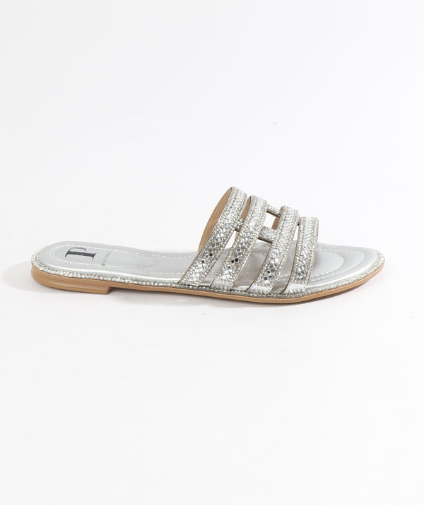 Silver Embellished Slip-On Sandals with Open Toe