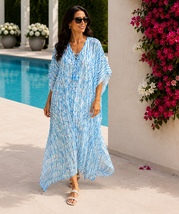 Cancun - Maxi Cover Up com Estampa Paisley Turquesa Pálida