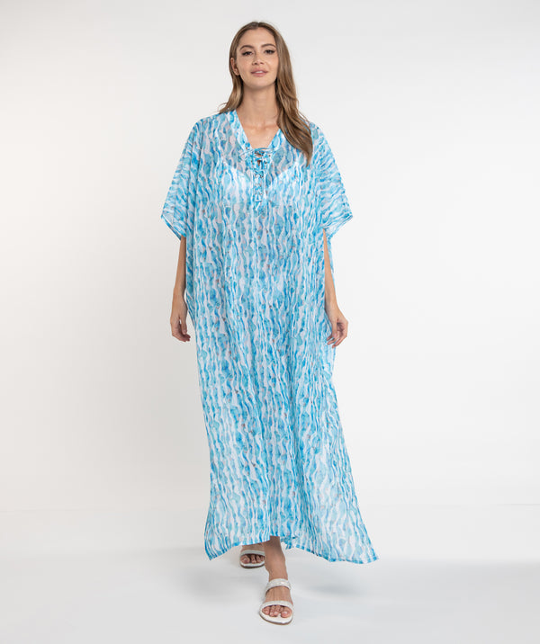 Cancun - Maxi Cover Up com Estampa Paisley Turquesa Pálida