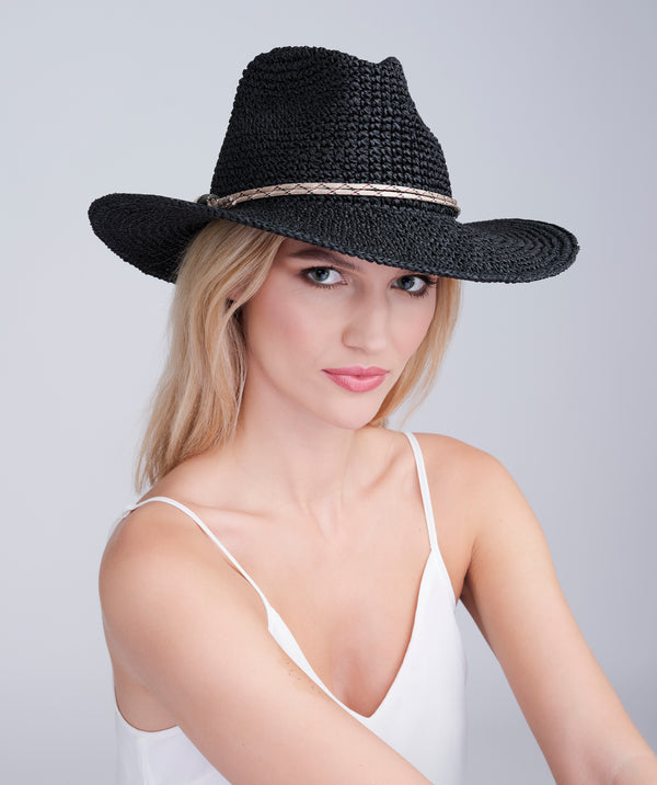 Black Paper Straw Fedora Hat with Embellished Band