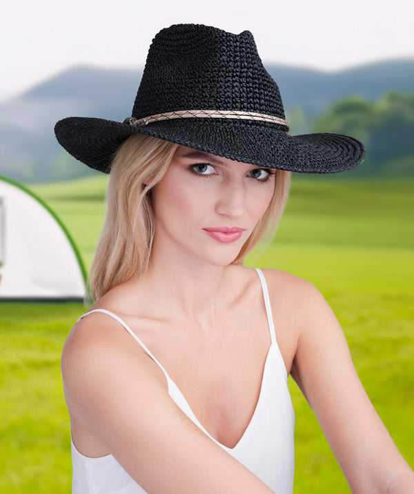 Marleigh - Black Straw Fedora Hat with Embellished Band