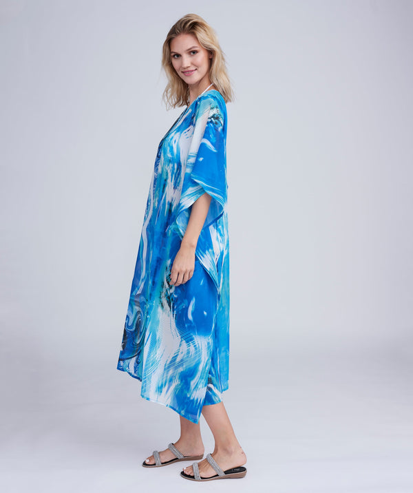 Mauritius - Blue Ocean Print Maxi Cover Up with Dazzling Embellishment