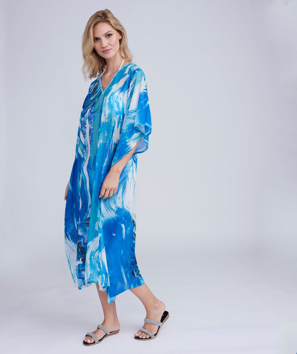 Mauritius - Blue Ocean Print Maxi Cover Up with Dazzling Embellishment