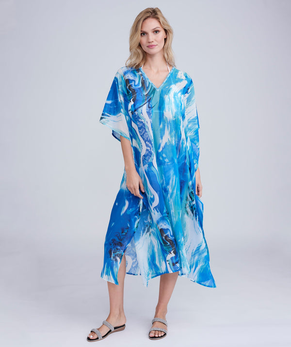 Mauritius - Blue Ocean Print Maxi Cover Up with Dazzling Embellishment