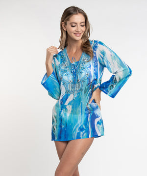 Blue Ocean Print Midi Length Cover Up with Embellished Jewels