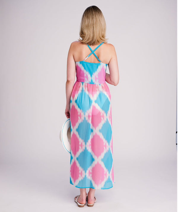 Miami - Turquoise Pink Diamond Halter Neck Maxi Dress