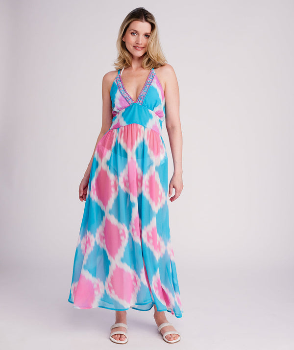 Miami - Turquoise Pink Diamond Halter Neck Maxi Dress