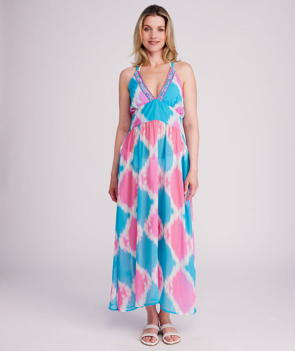 Miami - Turquoise Pink Diamond Halter Neck Maxi Dress