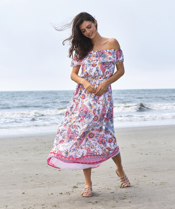 Pink Printed Summer Chiffon Maxi Dress