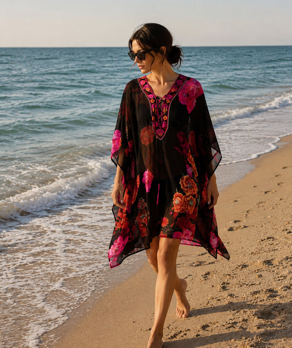 Milani - estampa floral preta embelezada Kaftan