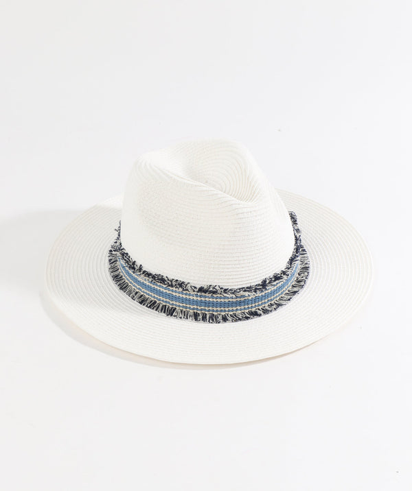White and Blue Striped Trilby Hat with Ribbon Embellishment