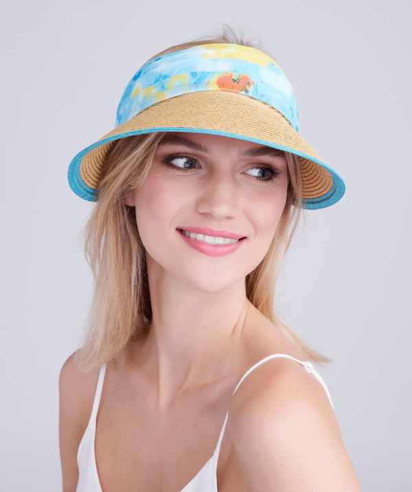 Visor naturel avec cravate en mousseline imprimée par Turquoise pâle