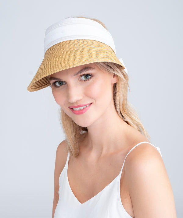 Natural/White Chiffon Belt Pull On Visor with Straw Design