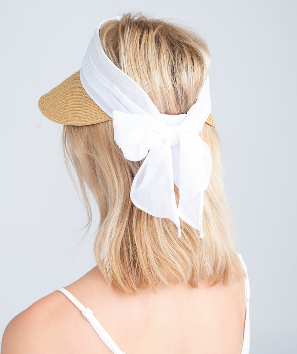 Natural/White Chiffon Belt Pull On Visor with Straw Design