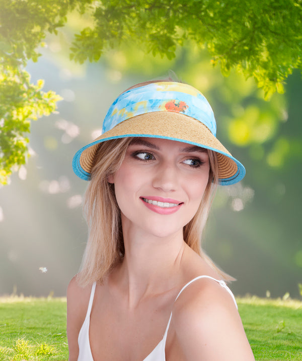 Misha - Visor natural con corbata de gasa turquesa pálida