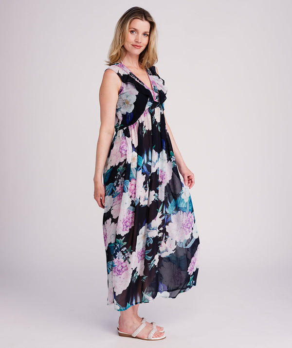 Modena - Robe longue d'été bleu marine foncé et rose