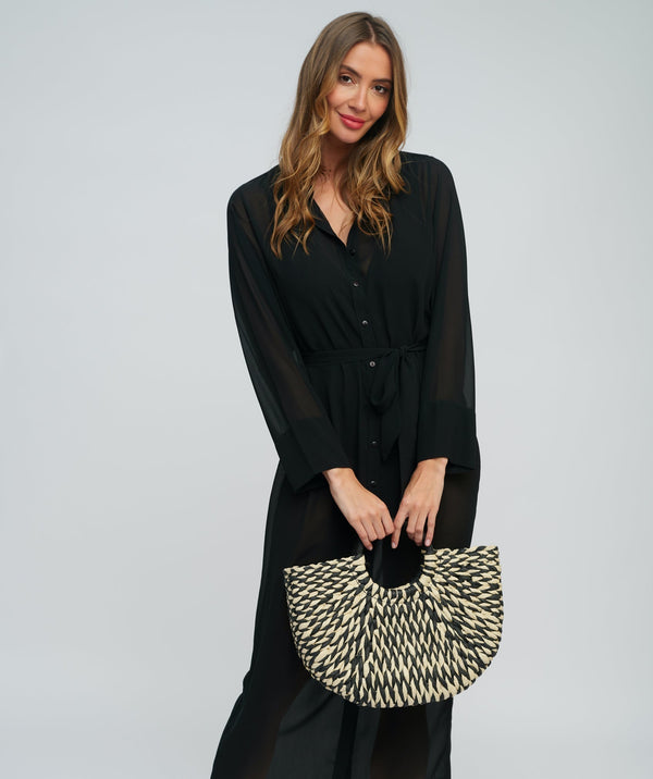 Checked Half Moon Rattan Bag