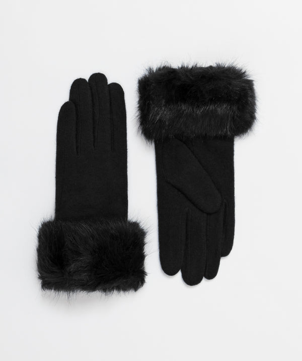 Black Fur Cuff Gloves - Black - Accessories, Black, Glove, Monroe, Winter Accessories