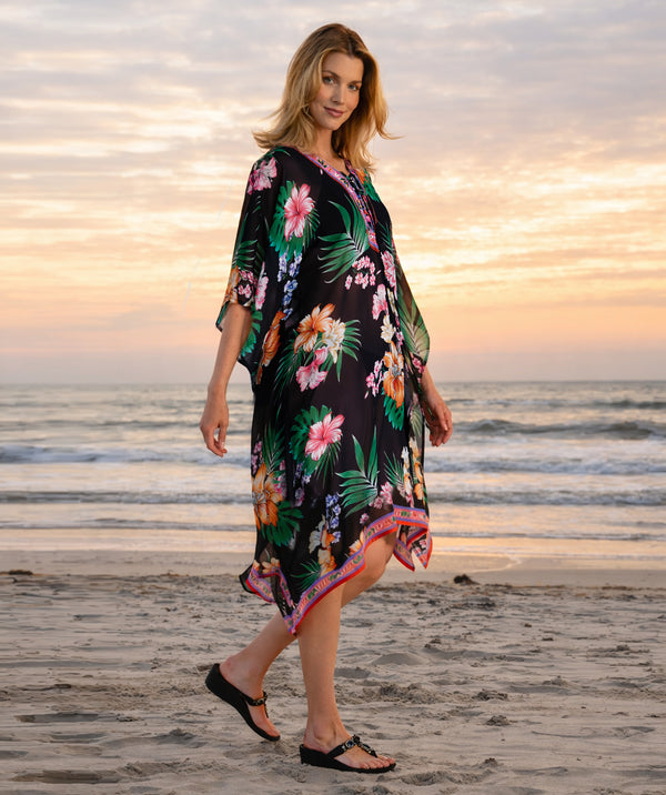 Murcia - Caftán de playa con estampado tropical negro y rosa