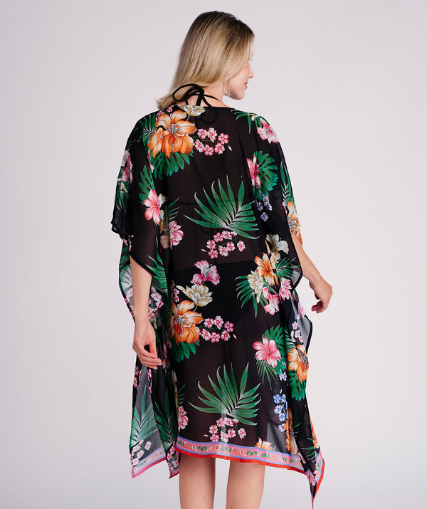 Murcia - Caftán de playa con estampado tropical negro y rosa