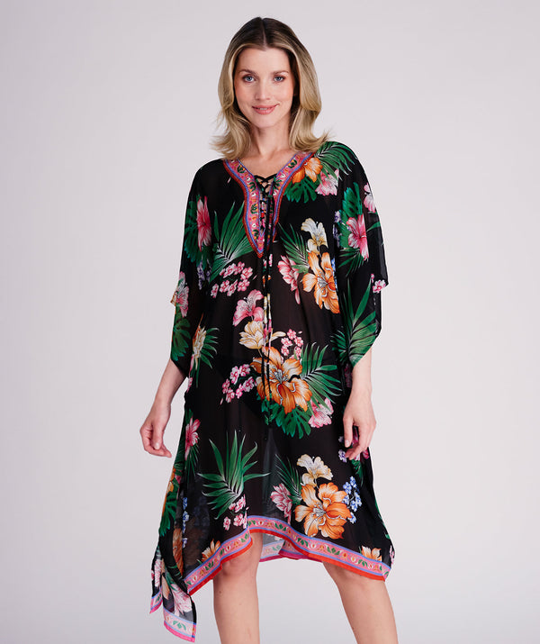 Murcia - Caftán de playa con estampado tropical negro y rosa