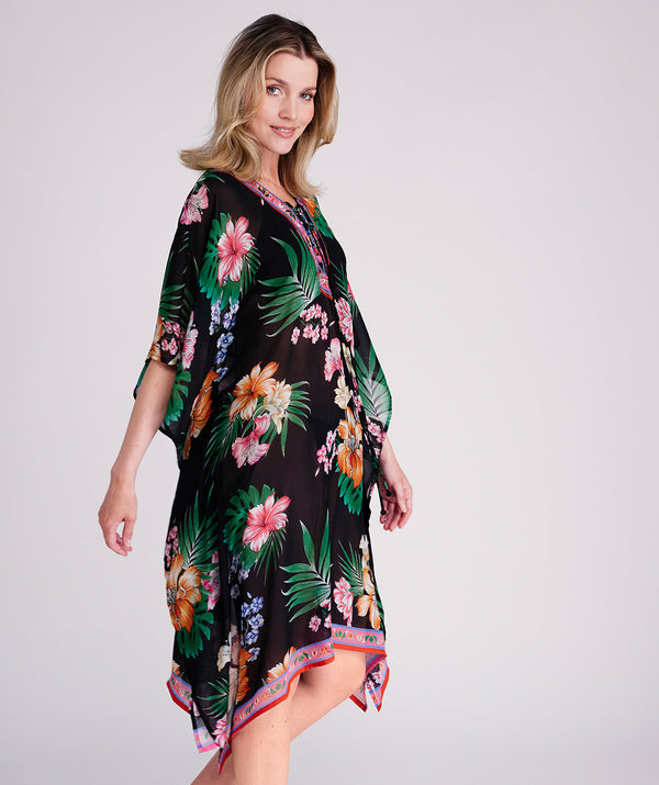 Murcia - Caftán de playa con estampado tropical negro y rosa