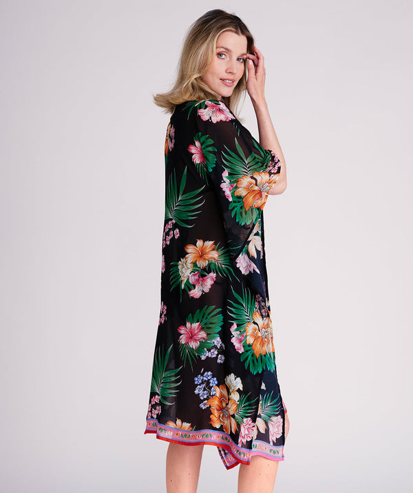 Murcia - Caftán de playa con estampado tropical negro y rosa