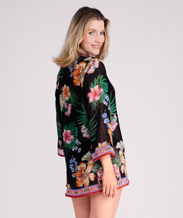 Murcia – Strandtunika mit tropischem Print in Schwarz und Rosa